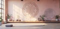 A serene yoga studio with a 3D mandala wall pattern in calming colors,