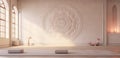A serene yoga studio with a 3D mandala wall pattern in calming colors,