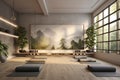 A serene yoga studio with a 3D wall portraying a peaceful nature scene,