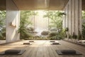 A serene yoga studio with a 3D wall portraying a peaceful nature scene,