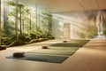 A serene yoga studio with a 3D wall portraying a peaceful nature scene