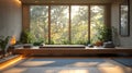 Serene yoga studio with large window, natural light, and plants Royalty Free Stock Photo