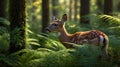 Young Fawn Standing in Lush Green Ferns Forest, A Glimpse of Serenity Royalty Free Stock Photo
