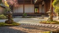 A serene Zen garden adorned with meticulously raked gravel patterns, moss-covered stone lanterns, AI generated