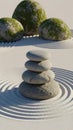 Zen Garden Stones Stacked on Raked Sand with Mossy Rocks Royalty Free Stock Photo