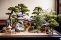 serene zen garden featuring a diverse bonsai collection