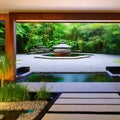 A serene, Zen garden with a koi pond, bamboo plants, and a meditation space3, Generative AI