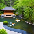 A serene, Zen garden with a koi pond, bamboo plants, and a meditation space1, Generative AI