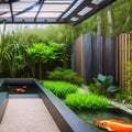 A serene, Zen garden with a koi pond, bamboo plants, and a meditation space3, Generative AI