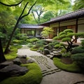 Serene Zen Garden with Meandering Pathways and Vibrant Flora