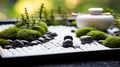 Serene Zen Garden: Perfectly Arranged Stones, Moss, and Bonsai Trees