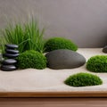 A serene Zen garden with raked sand, stones, and a wooden bridge2, Generative AI Royalty Free Stock Photo