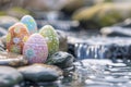 A serene Zen garden scene with Easter eggs painted in calm, soothing colors flowing water Royalty Free Stock Photo