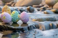 A serene Zen garden scene with Easter eggs painted in calm, soothing colors flowing water Royalty Free Stock Photo