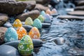 A serene Zen garden scene with Easter eggs painted in calm, soothing colors flowing water Royalty Free Stock Photo