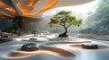 A serene zen garden with a tree, rocks, and white sand, framed by a modern interior with large windows Royalty Free Stock Photo