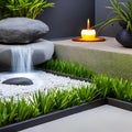 A serene Zen meditation space with a rock garden, bamboo water fountain, and floor cushions1 Royalty Free Stock Photo