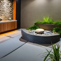 A serene Zen meditation space with a rock garden, bamboo water fountain, and floor cushions5 Royalty Free Stock Photo