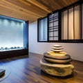 A serene Zen meditation space with a rock garden, bamboo water fountain, and floor cushions2 Royalty Free Stock Photo