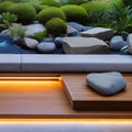 A serene Zen meditation space with a rock garden, bamboo water fountain, and floor cushions4 Royalty Free Stock Photo