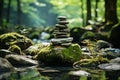 Serene Zen oasis, spiritually uplifting, balanced stone art, tranquil nature ambiance