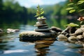 Serene Zen oasis, spiritually uplifting, balanced stone art, tranquil nature ambiance