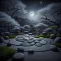 serene zend garden, mystical moonlit landscape - generated by ai Royalty Free Stock Photo