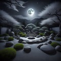 serene zend garden, mystical moonlit landscape - generated by ai Royalty Free Stock Photo