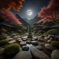 serene zend garden, mystical moonlit landscape - generated by ai Royalty Free Stock Photo