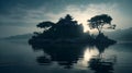 Serenely beautiful dawn landscape with calm ocean, sky, trees, and reflections