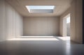 Serenely minimalistic style in architecture. Beige-walled room, concrete floor, basking in sunlight