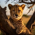 Serengeti beauty Cheetah spotted on a tree trunk, Tanzania