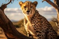 Serengeti sighting Cheetah spotted gracefully on a tree trunk Royalty Free Stock Photo