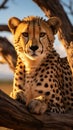 Serengeti sighting Cheetah spotted gracefully on a tree trunk Royalty Free Stock Photo