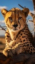 Serengeti sighting Cheetah spotted gracefully on a tree trunk Royalty Free Stock Photo