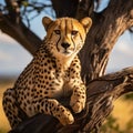 Serengeti sighting Cheetah spotted gracefully on a tree trunk Royalty Free Stock Photo