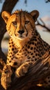 Serengeti sighting Cheetah spotted gracefully on a tree trunk Royalty Free Stock Photo