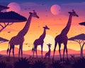 Serengeti sunrise gleams as a giraffe family enjoys a scenic reunion