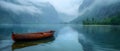 Serenity Afloat: Misty Mountain Lake with Solitary Purple Boat. Concept Nature Photography, Misty