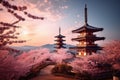 Serenity Amidst Blooming Beauty: Japanese Temple Adorned with Pink Cherry Blossom Trees
