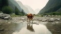 Serenity Amidst Mountains: Cows Grazing in a River. Generative AI