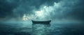 Serenity Amidst Storm: Solitary Boat on a Tempestuous Sea. Concept Seascape, Dramatic Weather, Royalty Free Stock Photo