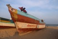 Serenity Beach - Colorful fishing boat - Pondicherry tourism - India holiday destination - beach vacation Royalty Free Stock Photo