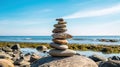 Serenity at the Beach: A Zen Stone Tower in Harmony with Nature Royalty Free Stock Photo