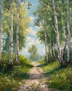 Serenity in the Birch Forest: A Sunny Landscape Painting Royalty Free Stock Photo