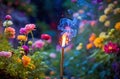 Serenity in Bloom: Lone Incense Stick Burning Amidst Vivid Garden Flowers. Royalty Free Stock Photo