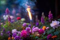 Serenity in Bloom: Lone Incense Stick Burning Amidst Vivid Garden Flowers.