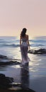 Serenity And Calm: A Digital Painting Of A Lady Walking Into The Ocean Royalty Free Stock Photo