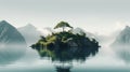 Serenity And Calm: A Tree On An Island Surrounded By Majestic Mountains