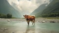 Serenity in the Countryside: Cows in a Shallow River. Generative AI